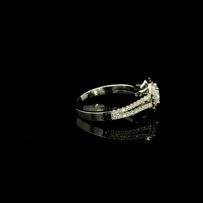 18K white gold halo engagement ring featuring a 0.51 carat GIA certified natural cushion cut diamond with D colour and VS2 clarity, surrounded by a double halo and split shank set with 0.50 carat natural round brilliant diamonds.