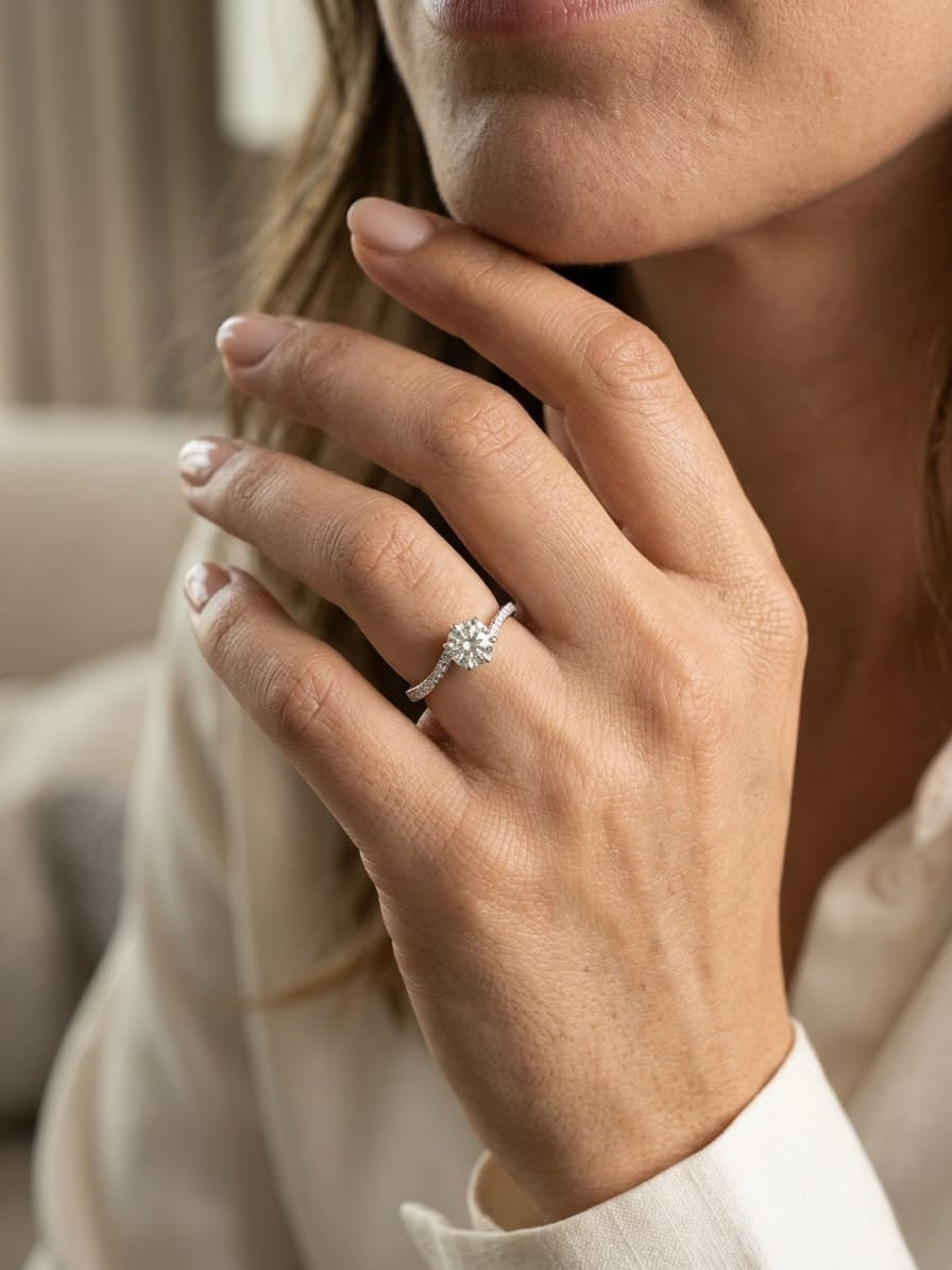 0.51 carat round diamond engagement ring in 18K white gold with curved diamond band – Emirates Diamonds