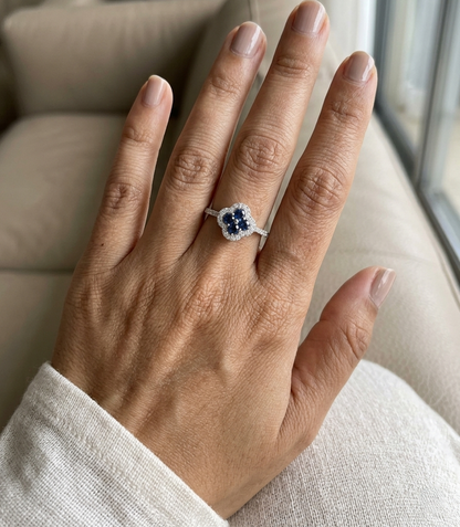 Blue sapphire and diamond floral cluster ring in 18K white gold