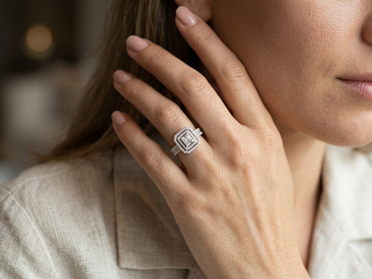 Baguette and round diamond halo ring in 18K white gold with geometric multi halo design – Emirates Diamonds