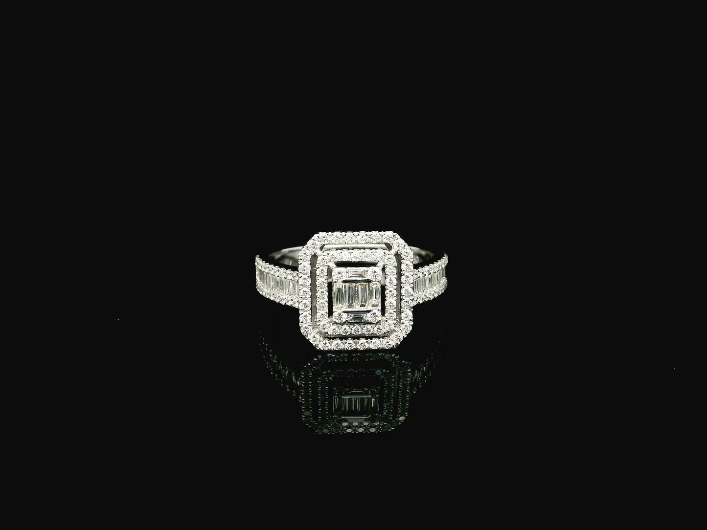 Baguette and round diamond halo ring in 18K white gold with geometric multi halo design – Emirates Diamonds