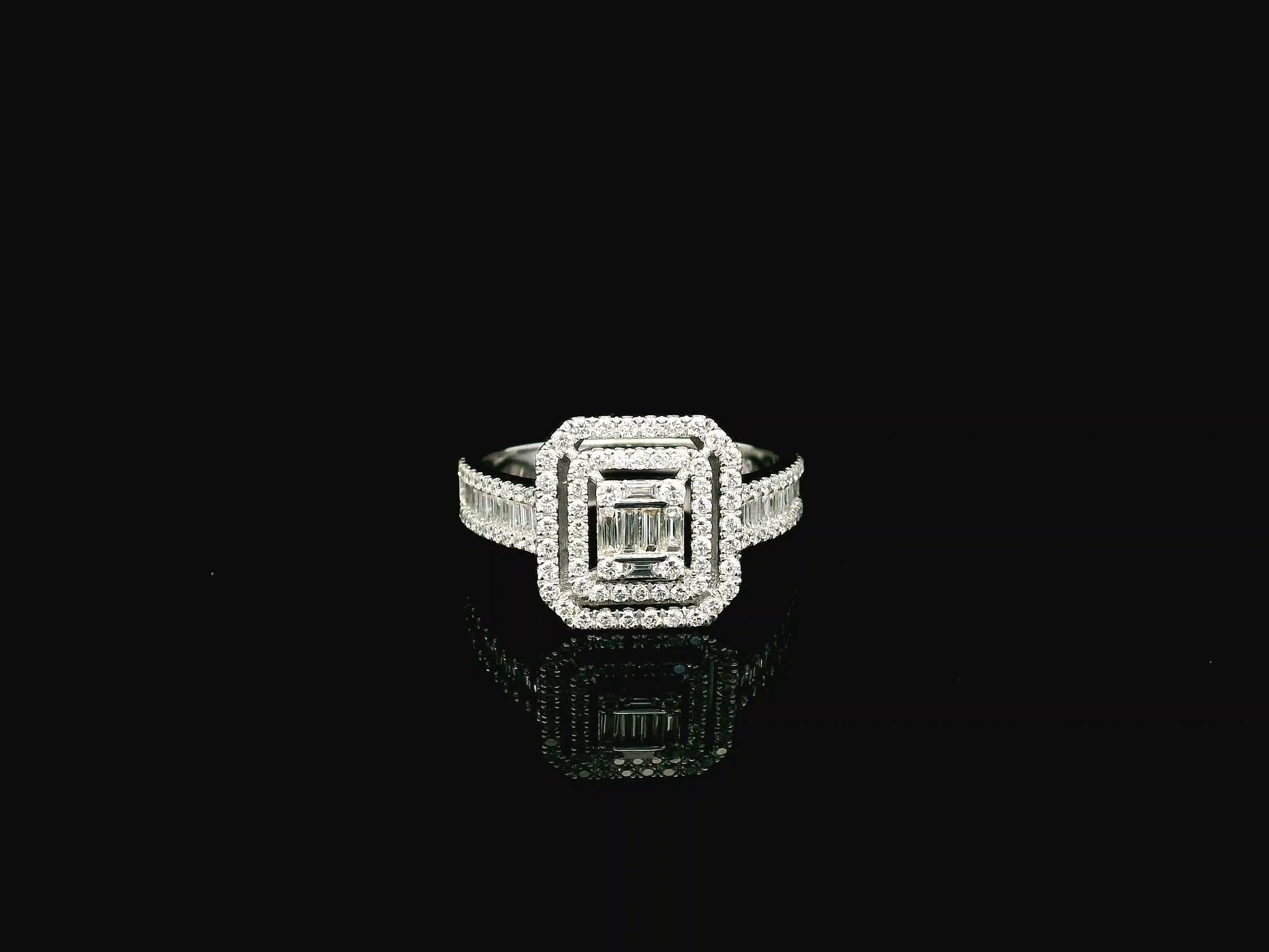 Baguette and round diamond halo ring in 18K white gold with geometric multi halo design – Emirates Diamonds
