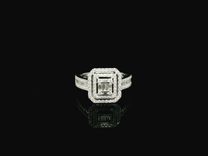 Baguette and round diamond halo ring in 18K white gold with geometric multi halo design – Emirates Diamonds