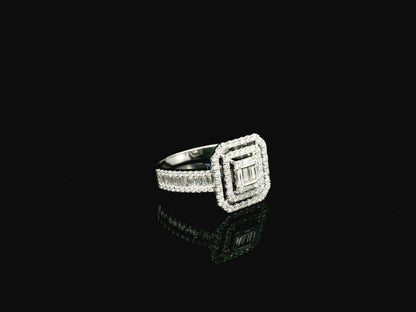 Baguette and round diamond halo ring in 18K white gold with geometric multi halo design – Emirates Diamonds