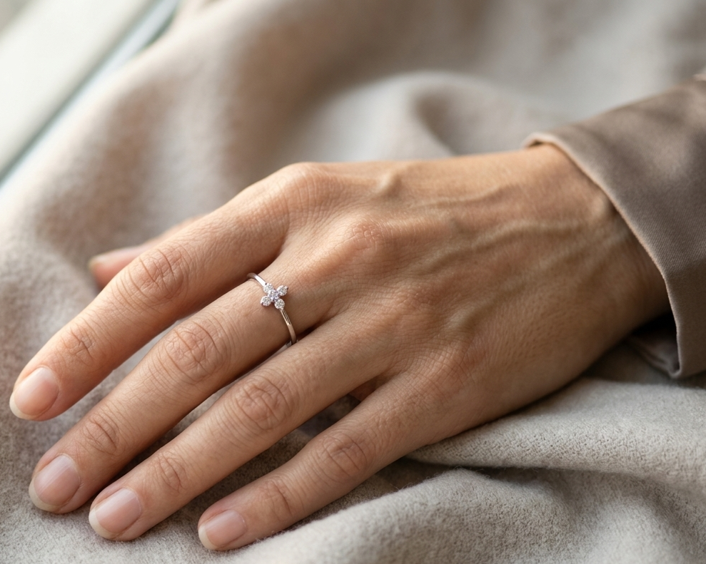 Dainty diamond floral cluster ring in 18K white gold minimal design