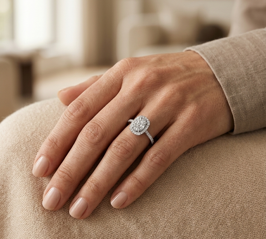Diamond cluster halo ring in 18K white gold with oval diamond cluster and pavé band