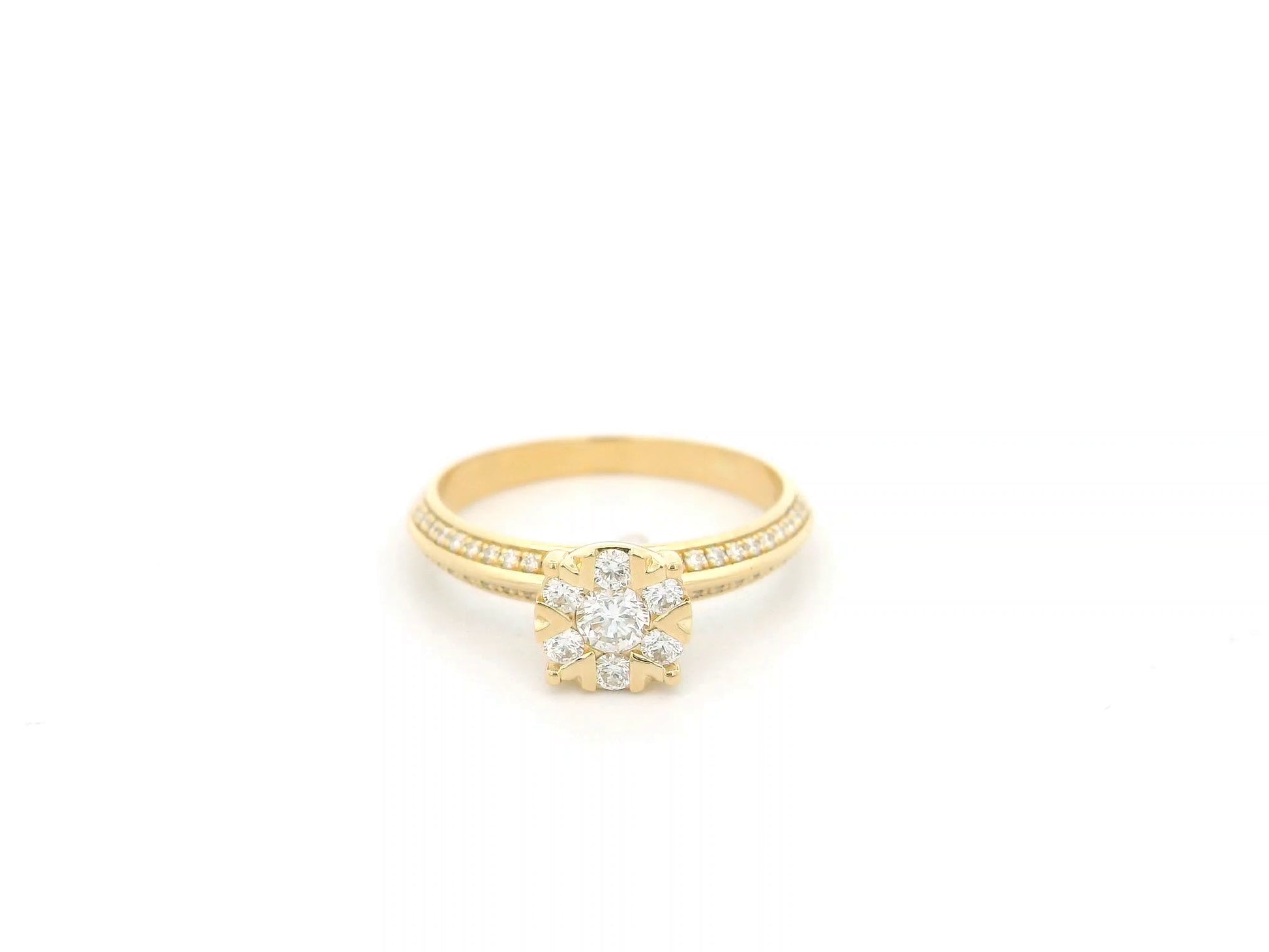 18K yellow gold diamond cluster ring 0.53 carat round brilliant floral design pavé band
