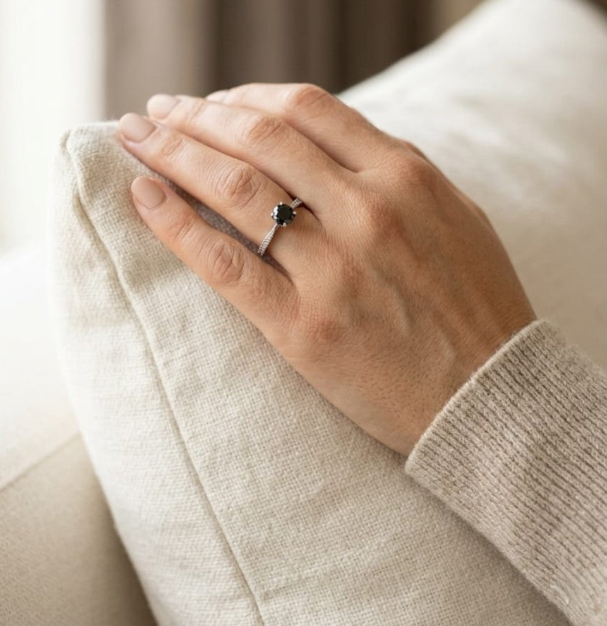 Black diamond solitaire ring with diamond accents in 18K white gold – Emirates Diamonds