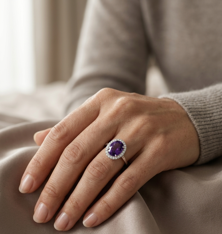 Oval amethyst diamond halo ring in 18K white gold Emirates Diamonds