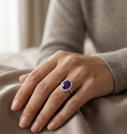 Oval amethyst diamond halo ring in 18K white gold Emirates Diamonds