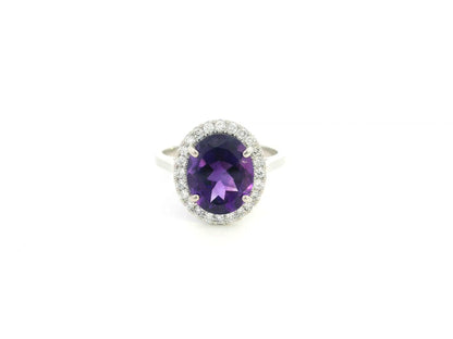 Oval amethyst diamond halo ring in 18K white gold Emirates Diamonds