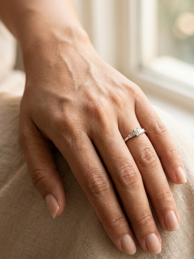 Baguette diamond trilogy ring in 18K white gold minimal linear design Emirates Diamonds