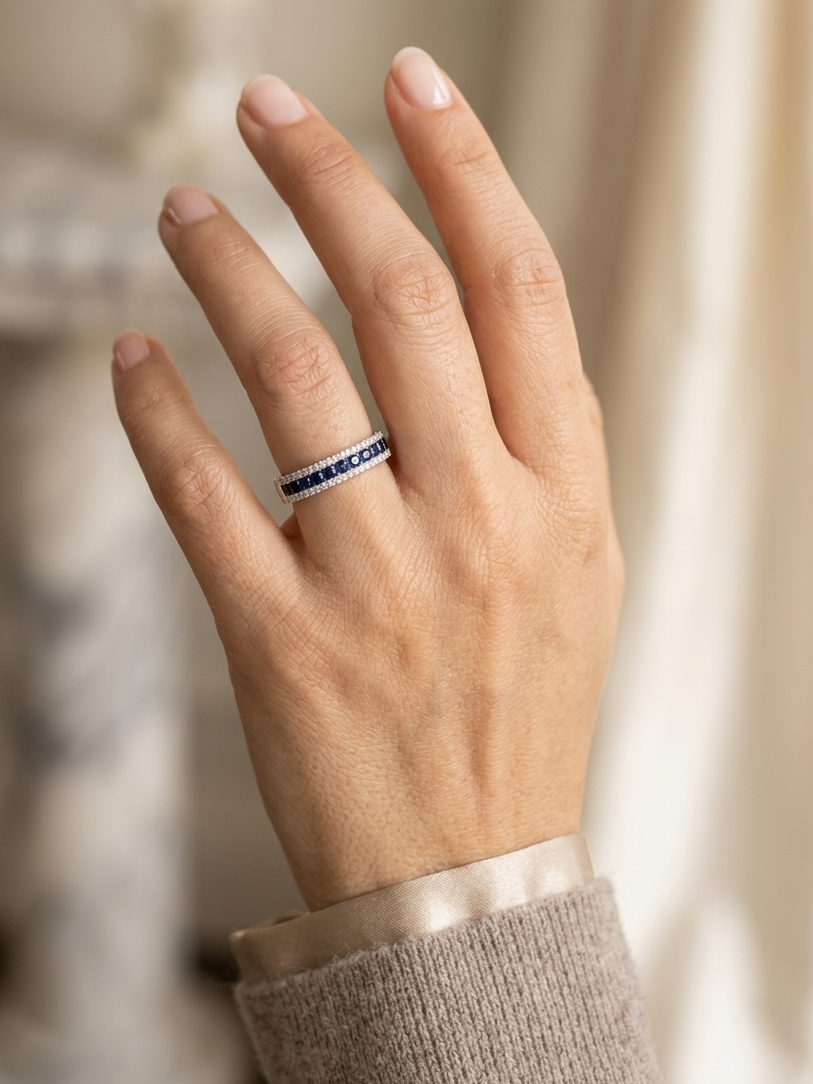 Blue sapphire and diamond band ring in 18K white gold by Emirates Diamonds