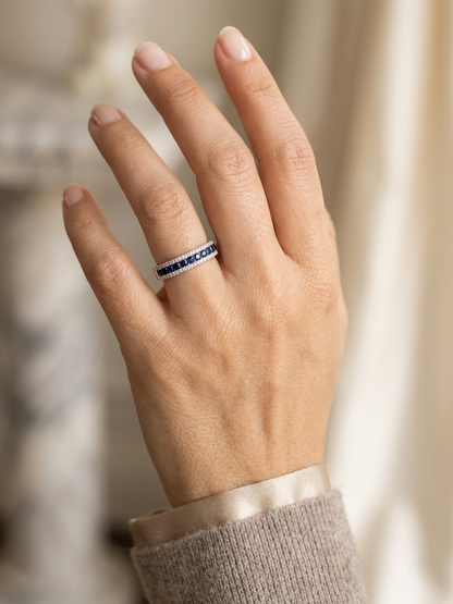 Blue sapphire and diamond band ring in 18K white gold by Emirates Diamonds