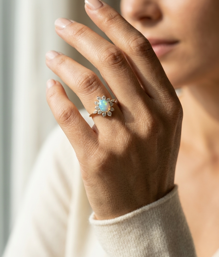 Oval opal diamond halo ring in 18K yellow gold with sunburst cluster design Emirates Diamonds