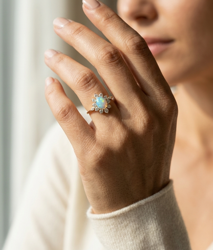 Oval opal diamond halo ring in 18K yellow gold with sunburst cluster design Emirates Diamonds