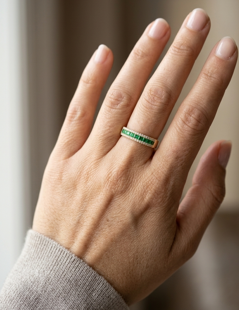 Emerald and diamond band ring in 18K yellow gold with channel set design by Emirates Diamonds