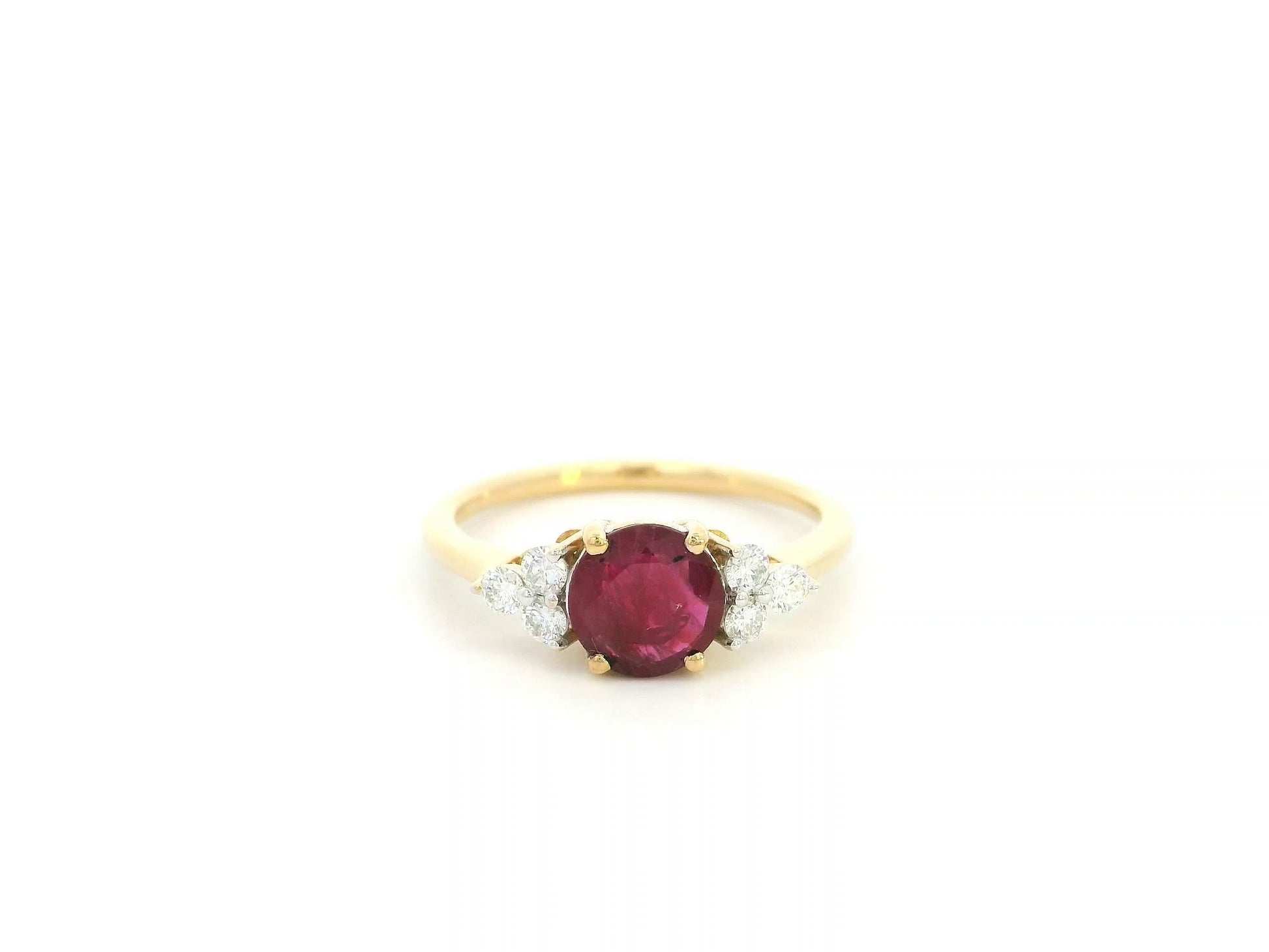 Ruby diamond cluster ring in 18K yellow gold with round ruby and side diamond clusters