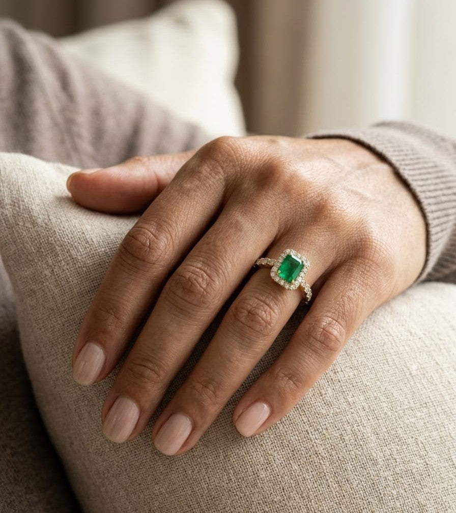 Emerald diamond halo ring in 18K yellow gold with emerald cut center and diamond band