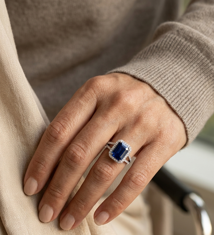 Emerald cut blue sapphire halo ring in 18K white gold with diamond split band Emirates Diamonds