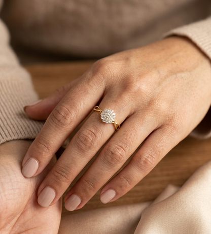 18K yellow gold diamond cluster ring with 0.38 carat natural diamonds and sculpted band design