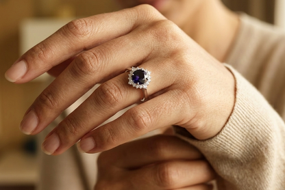 Blue sapphire and diamond halo ring in 18K white gold featuring a 1.24 carat natural blue sapphire and 0.18 carat diamonds