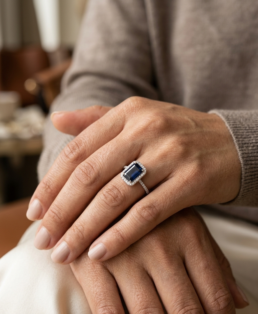 Emerald cut blue sapphire halo ring in 18K white gold with diamond accents Emirates Diamonds