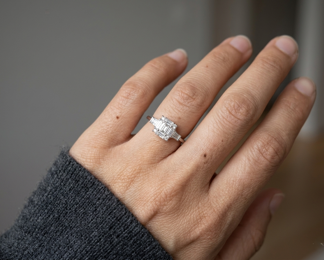 18K white gold ring with round and baguette diamonds 0.30 carat by Emirates Diamonds