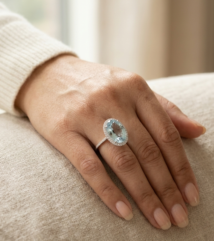 18K white gold aquamarine diamond halo ring 10.47 carat oval aquamarine with diamond halo – Emirates Diamonds