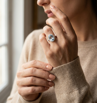 18K white gold aquamarine diamond halo ring 3.80 carat oval aquamarine with diamond halo – Emirates Diamonds