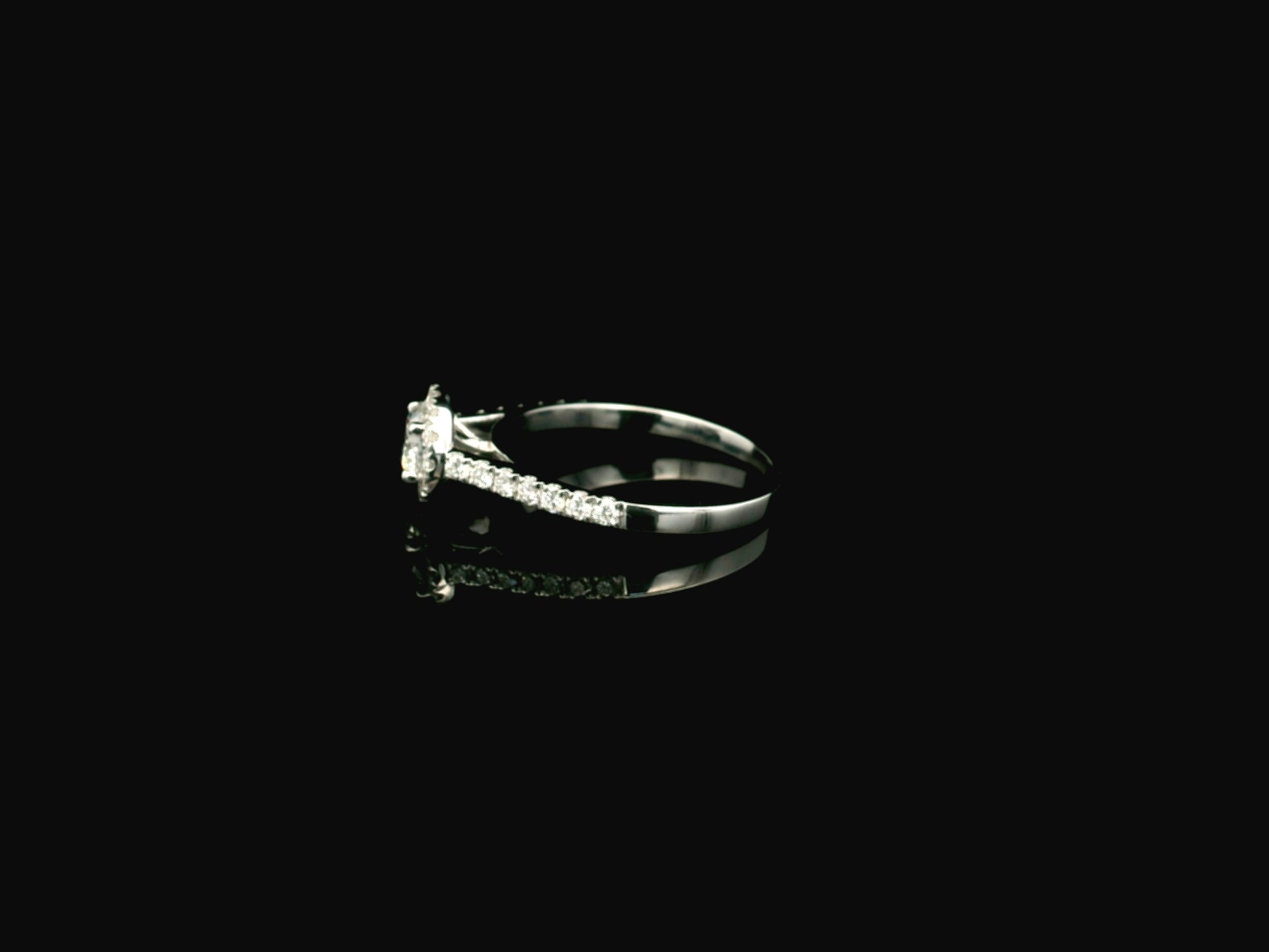 GIA certified round diamond halo engagement ring in 18K white gold with pavé diamond band