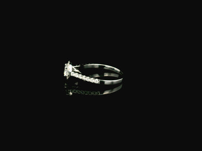 GIA certified round diamond halo engagement ring in 18K white gold with pavé diamond band