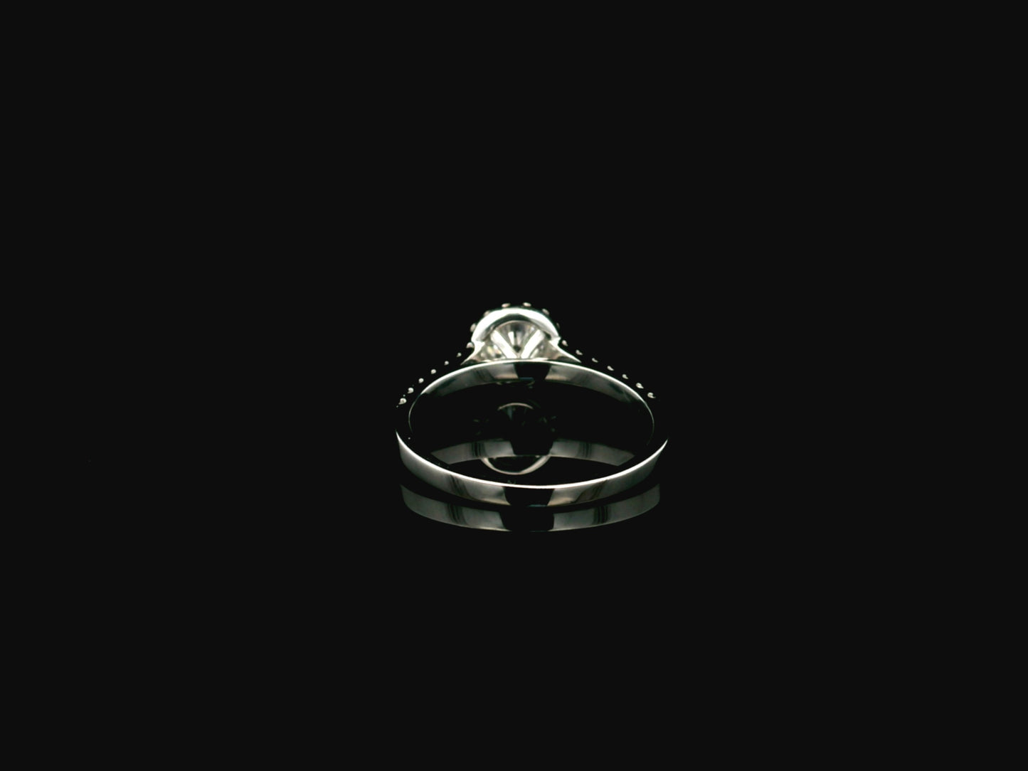 GIA certified round diamond halo engagement ring in 18K white gold with pavé diamond band