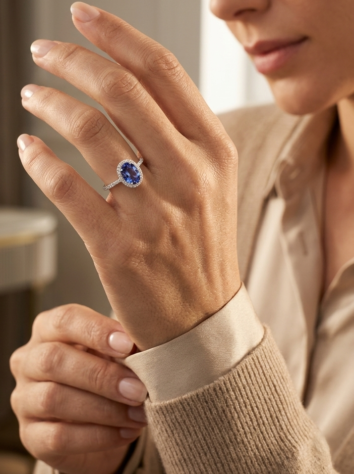 Tanzanite and diamond halo ring in 18K white gold oval gemstone design
