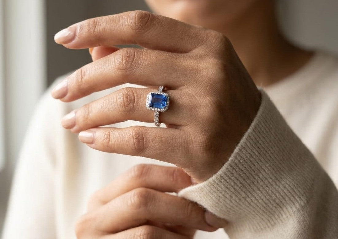 Emerald cut tanzanite halo ring in 18K white gold with marquise diamond band
