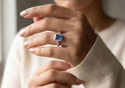 Emerald cut tanzanite halo ring in 18K white gold with marquise diamond band