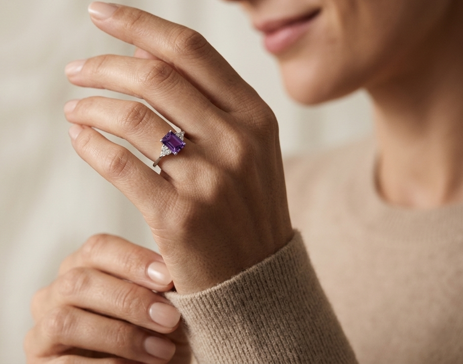 18K white gold amethyst ring with 1.60 carat emerald cut amethyst and 0.13 carat diamond accents