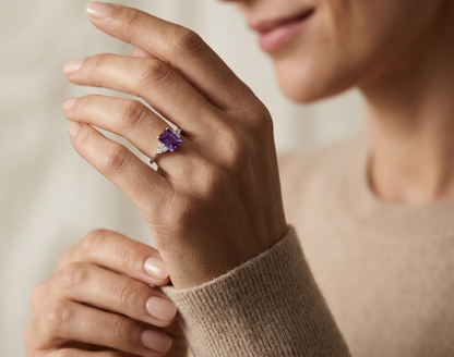 18K white gold amethyst ring with 1.60 carat emerald cut amethyst and 0.13 carat diamond accents