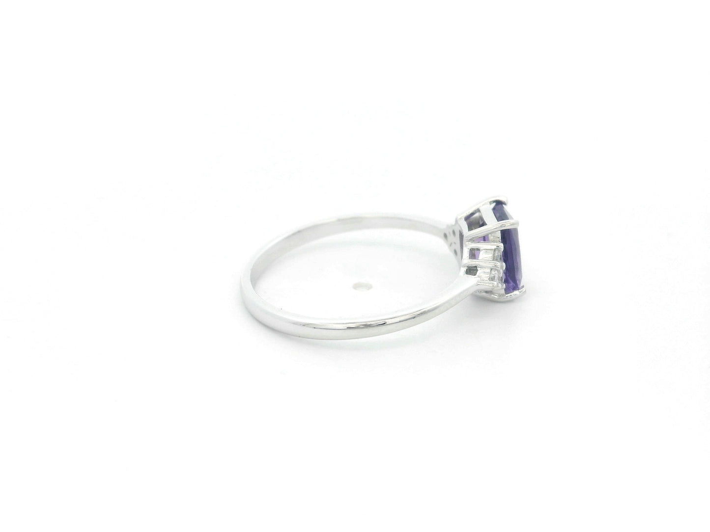 18K white gold amethyst ring with 1.60 carat emerald cut amethyst and 0.13 carat diamond accents