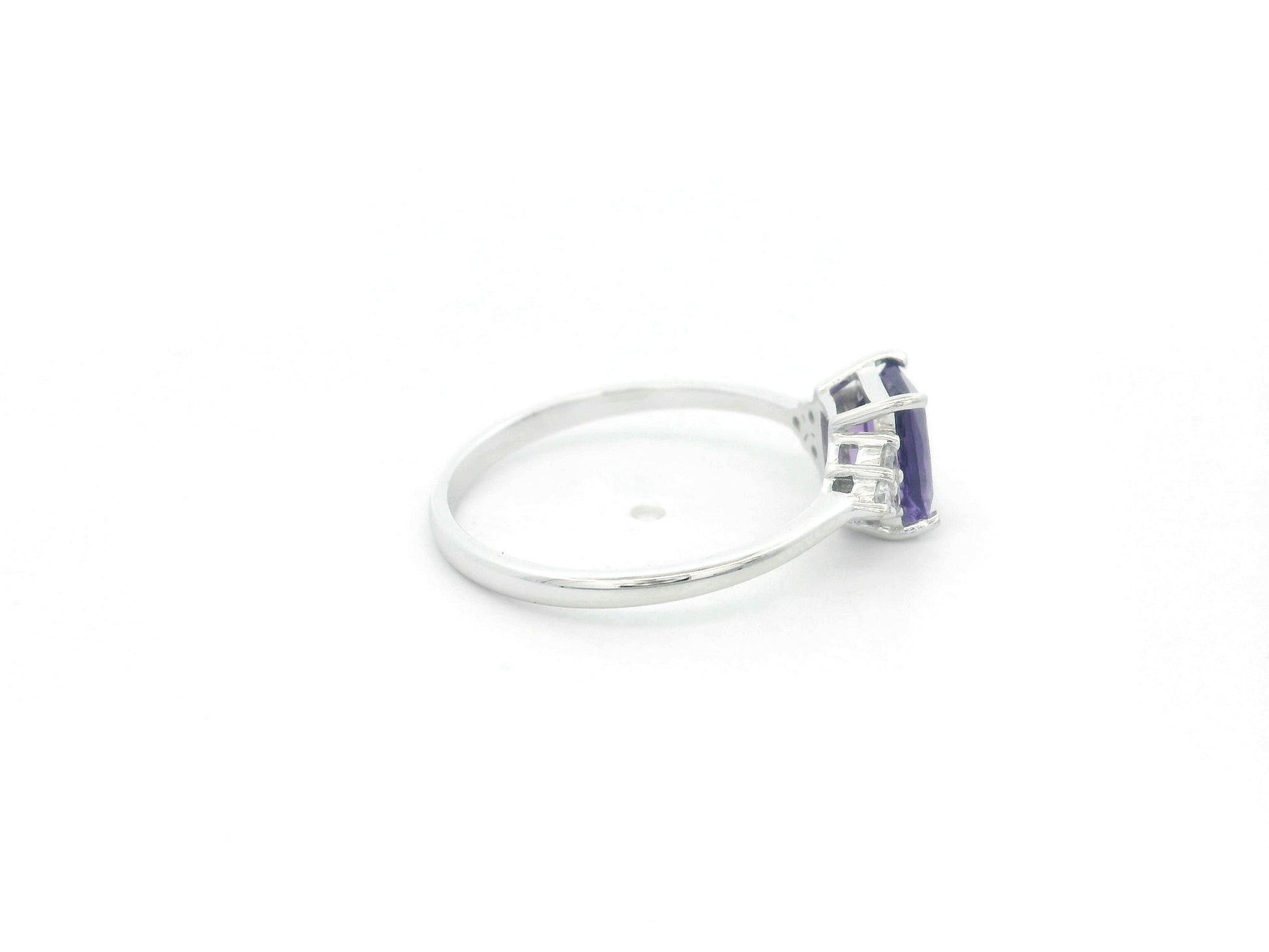 18K white gold amethyst ring with 1.60 carat emerald cut amethyst and 0.13 carat diamond accents