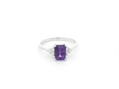 18K white gold amethyst ring with 1.60 carat emerald cut amethyst and 0.13 carat diamond accents