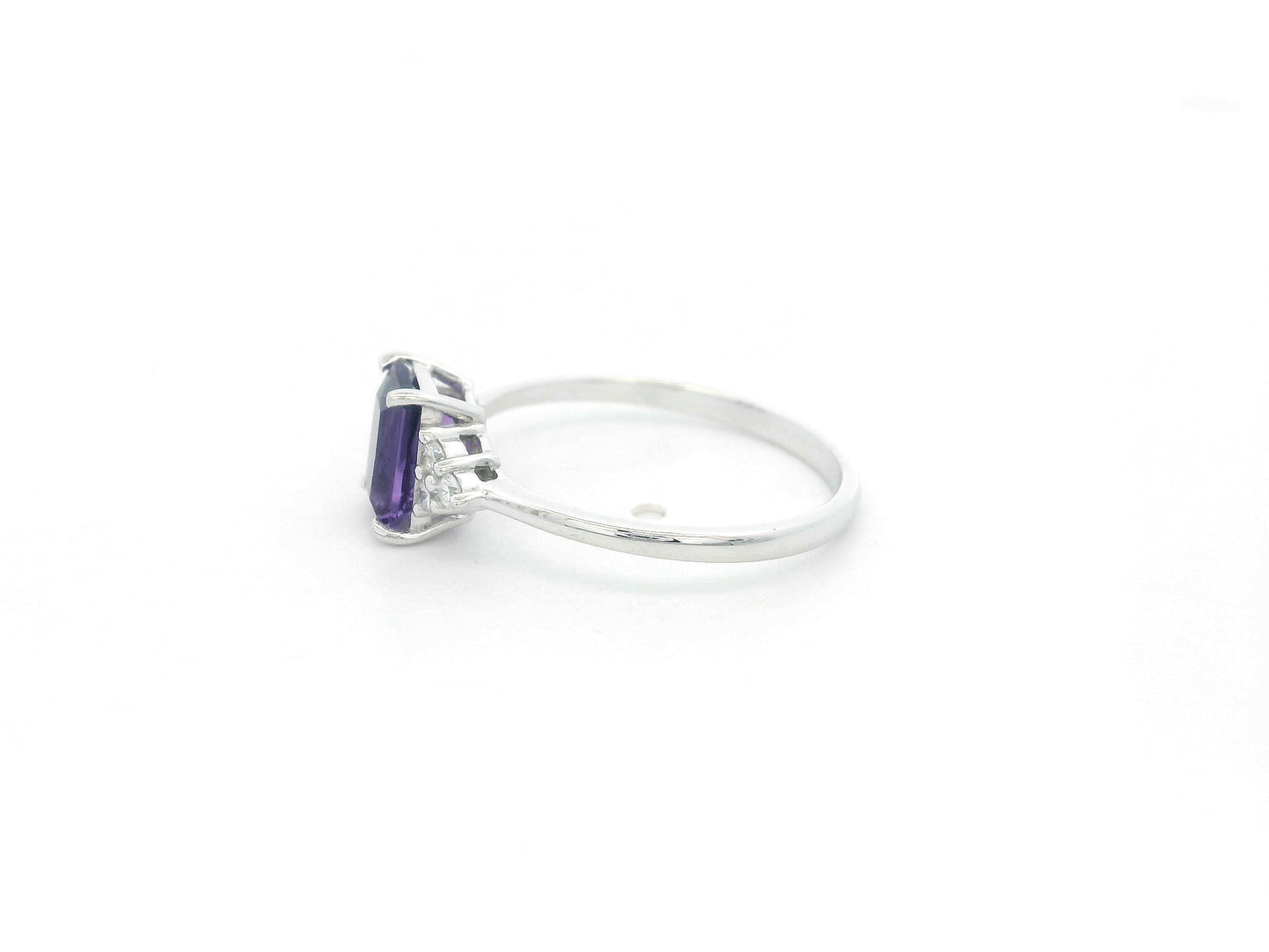 18K white gold amethyst ring with 1.60 carat emerald cut amethyst and 0.13 carat diamond accents