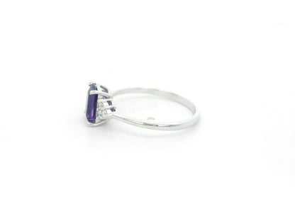 18K white gold amethyst ring with 1.60 carat emerald cut amethyst and 0.13 carat diamond accents