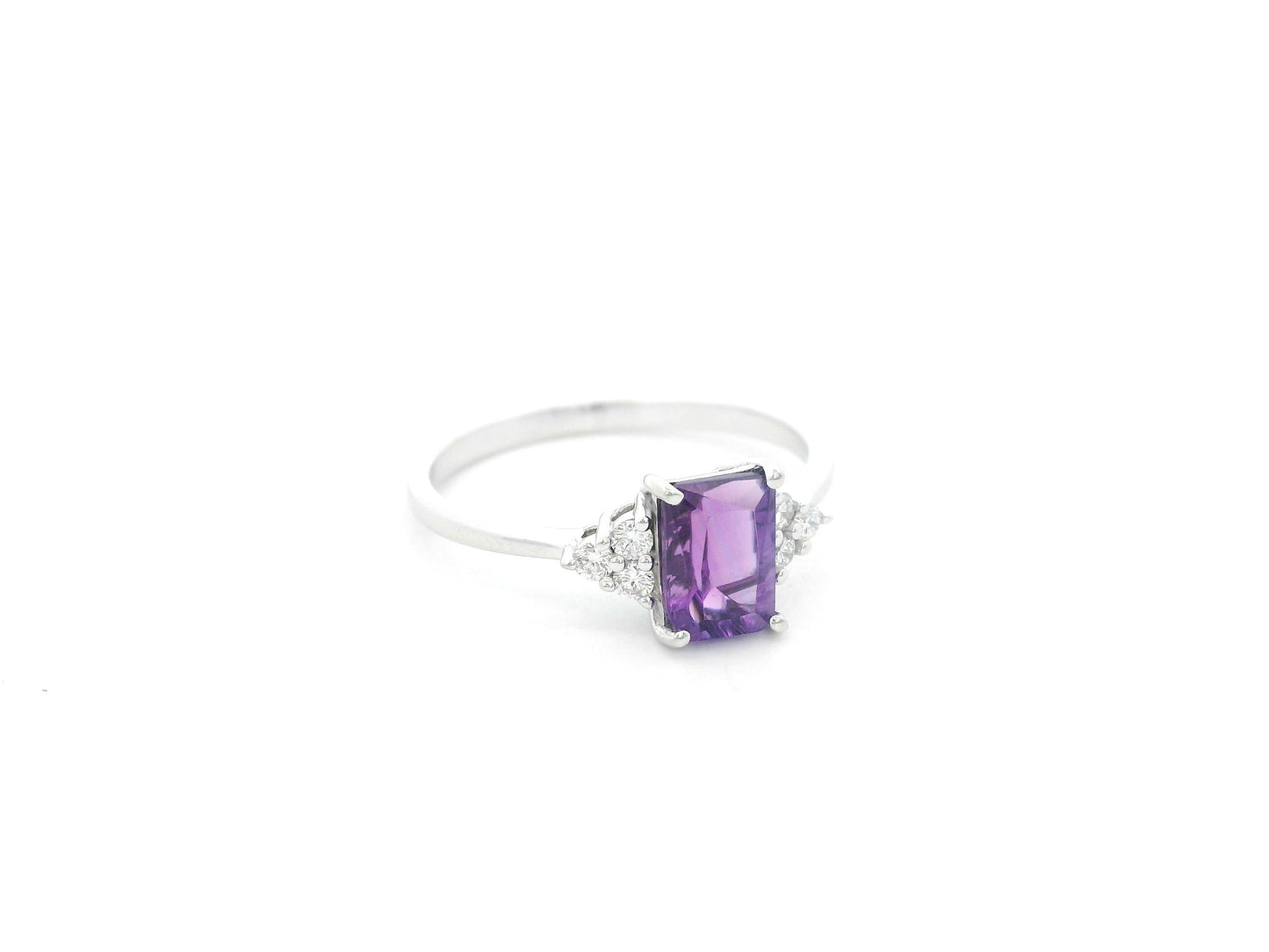 18K white gold amethyst ring with 1.60 carat emerald cut amethyst and 0.13 carat diamond accents