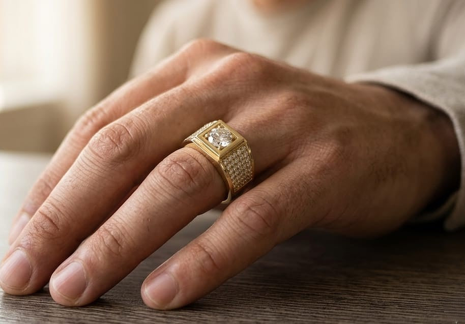 18K yellow gold men's diamond ring featuring a GIA certified 1.00 carat round brilliant diamond with 0.58 carat diamond-set shoulders.