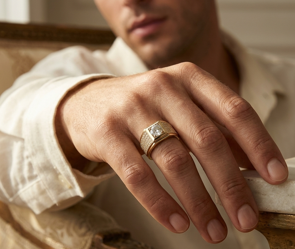 Diamond Signet Ring for Men in 18K Yellow Gold | 1 Carat GIA Diamond