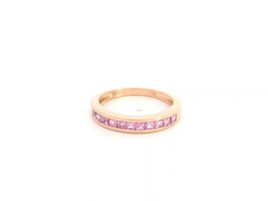 Pink sapphire channel set ring in 18K rose gold princess cut band