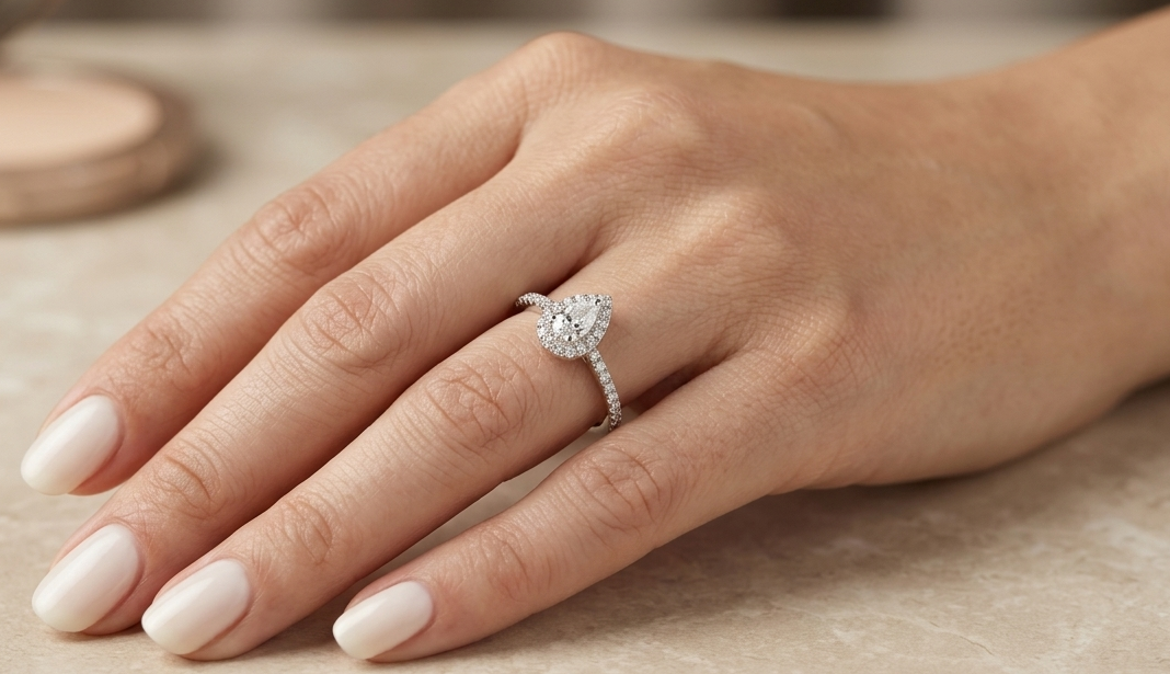 Natural pear shape diamond halo ring in solid 18K white gold featuring a pear-shaped centre diamond with a round brilliant diamond halo and pavé diamond band.