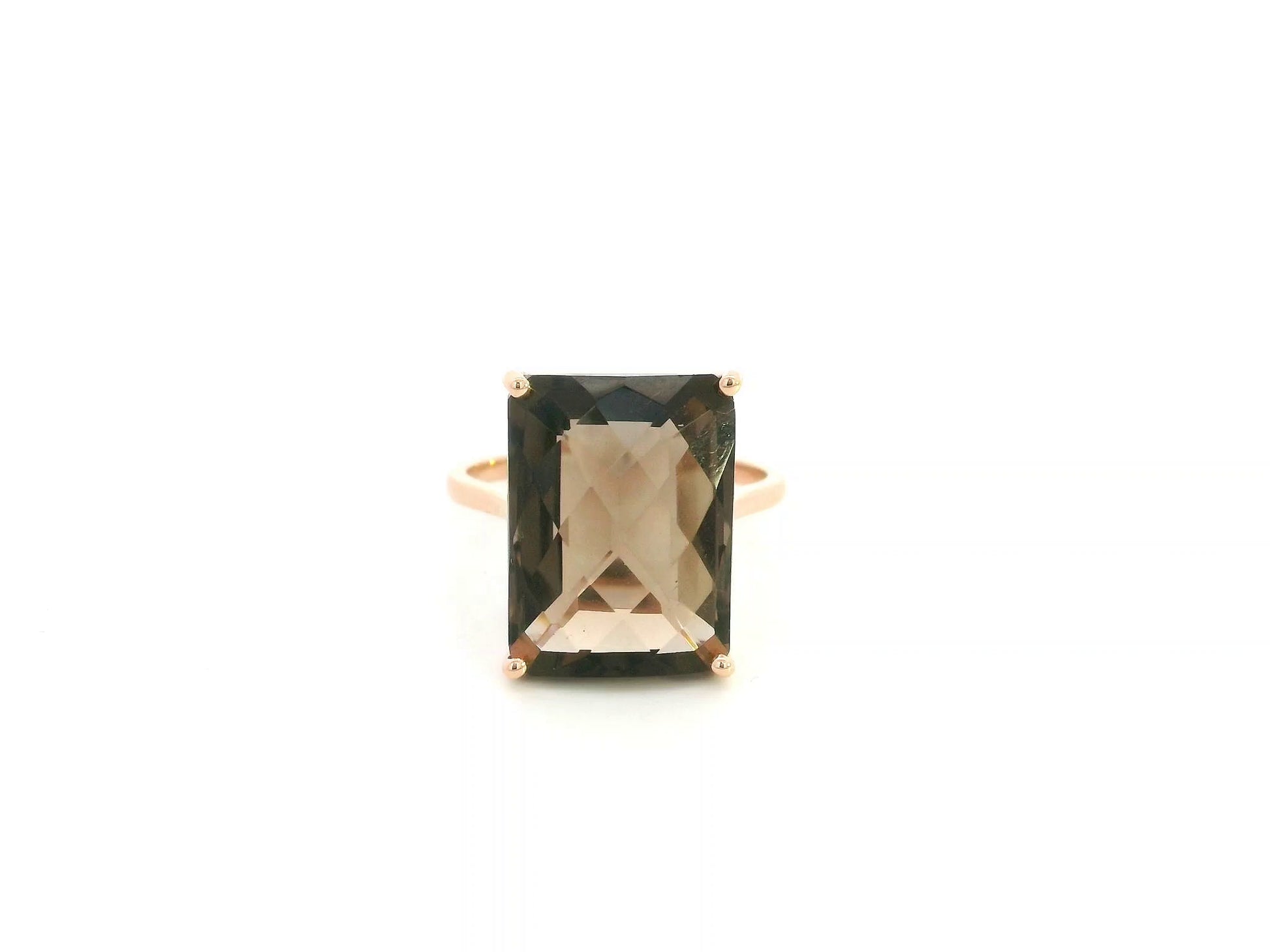 11.76 carat emerald cut smoky topaz ring in 18K rose gold solitaire setting by Emirates Diamonds