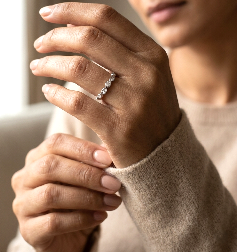 Diamond wave band ring in 18K white gold curved stacking ring design